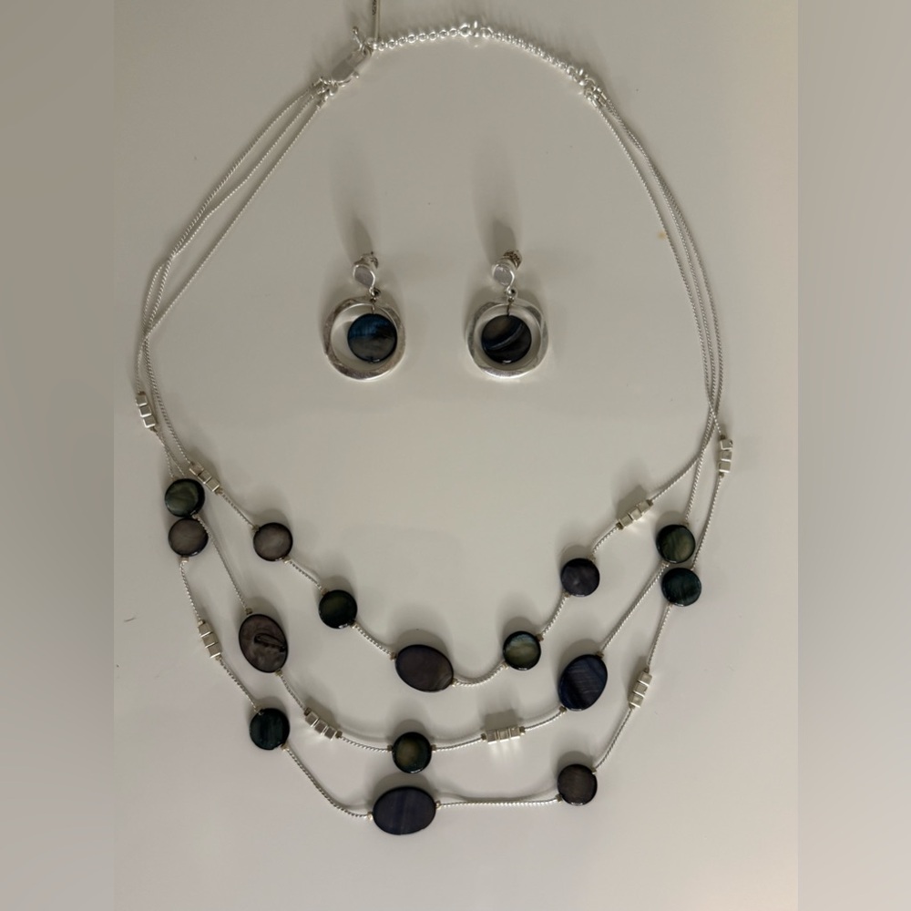 Multi-Strand Blue/Gray Iridescent Necklace & Earring Set